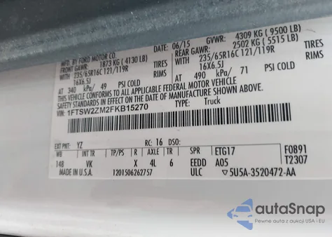 2015 Ford Transit-350 из США, поврежденный, VIN 1FTSW2ZM2FKB15270